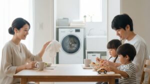 ドラム式洗濯乾燥機があるリビングで、朝食をとる共働き夫婦と二人の子供たち